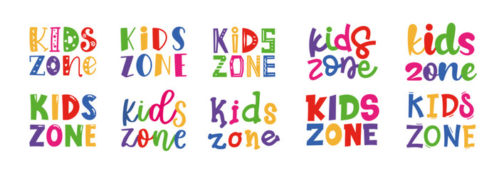 Kids zone. Banner for childrens playroom decoration. Kids zone vector cartoon logo badges. Game room signboard. Child playing zone vector illustration set. Playroom area. Baby and kids zone game text.