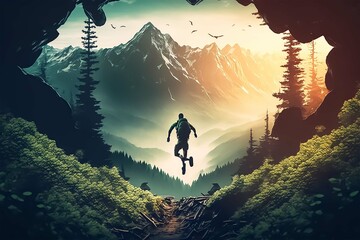 Obraz na płótnie Canvas A man runs fast to jump over the abyss between two mountains with a beautiful green forest sunsete view. Created with Generative AI technology. 