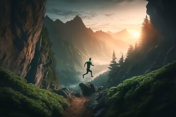 A man runs fast to jump over the abyss between two mountains with a beautiful green forest sunsete view. Created with Generative AI technology.
