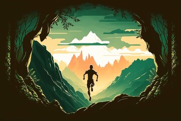A man runs fast to jump over the abyss between two mountains with a beautiful green forest sunsete view. Created with Generative AI technology.
