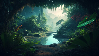 Hidden Paradise: An Ethereal Landscape of Lush Tropical Foliage and Tranquil Streams.. Generative Ai