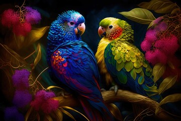 Fototapeta premium Budgerigar Parrots Perched, Exotic Garden Scene with Bright Colors
