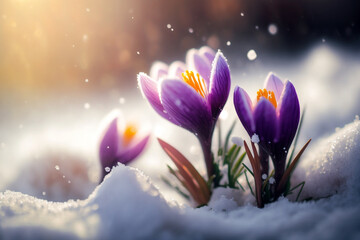 Daisy flowers blooming purple on snow with blurred bokeh background while sunrise. Generative AI illustration