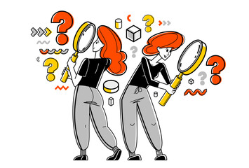 Fototapeta premium Young people making some inquiry and collecting data for analysis, vector outline illustration, exploration and research for business or science, answer the questions.