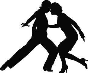 dancers couple man and woman, dancing tango, black silhouette on white background, vector illustration