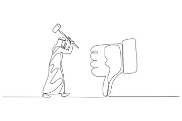 Cartoon of arab businessman with hammer try to smash thumb down mark. Concept of business feedback. One line art style