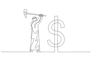 Illustration of arab businessman with hammer hit dollar sign USD sign. Concept of money market. One line art style