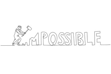 Illustration of arab businessman destroy impossible make it to possible. Concept of optimism. Single line art style
