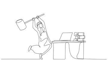 Illustration of arab businessman hitting computer. Concept of frustation at work. Single continuous line art style