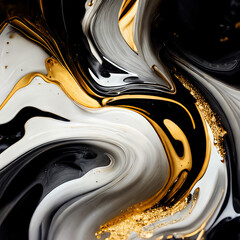 A Macro Photography of Gold, Grey, White, and Black Paint Mixing. Generative AI.
