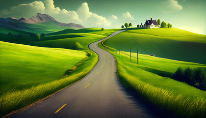 Endless road along green grasslands, generative ai