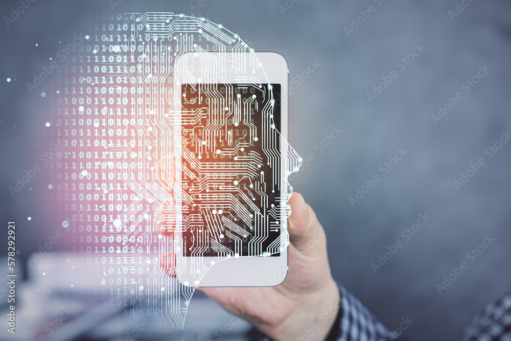 Poster double exposure of man's hand holding and using a digital device and brain hologram drawing. data co
