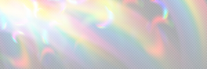 Rainbow light prism effect, transparent background. Hologram reflection, crystal flare leak shadow overlay. Vector illustration of abstract blurred iridescent light backdrop. - obrazy, fototapety, plakaty