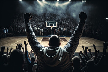 AI Generative Illustration of a basketball fan in the stands of a basketball stadium raising his arms cheering for his team - obrazy, fototapety, plakaty