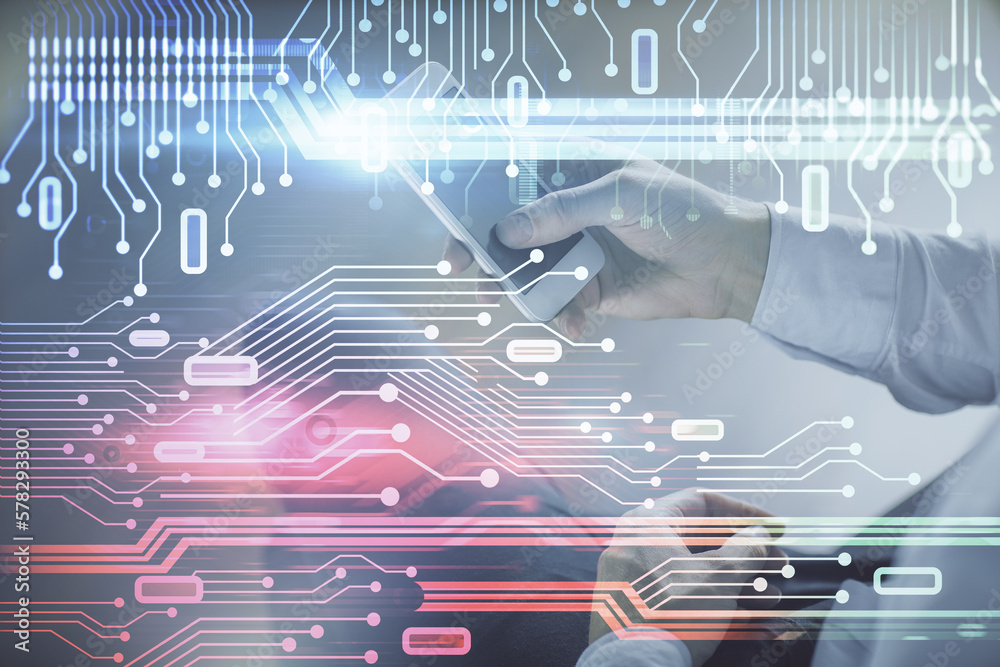 Poster Double exposure of man's hand holding and using a digital device and data theme drawing. Technology concept.