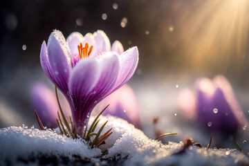 Beautiful daisy flowers blooming purple on snow with blurred bokeh background while sunrise. Generative AI illustration