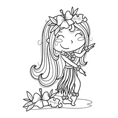 Illustration of a cute Hawaiian girl in black and white, dancing the hula hula. Coloring page