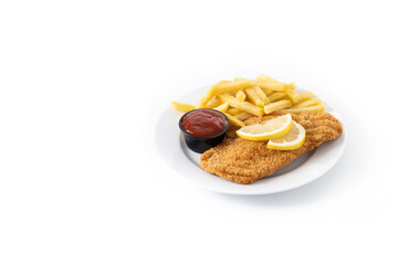 Wiener schnitzel with fried potatoes isolated on white background. Copy space