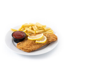 Wiener schnitzel with fried potatoes isolated on white background. Copy space