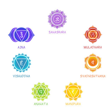 Chakra symbols with names on white background. Mandala icons for design, associated with yoga, spiritual practices and meditation.