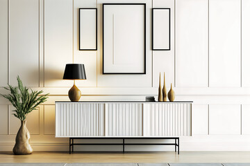 Interior of modern living room with sideboard over white wall with paneling. Contemporary room with dresser. Home design empty frame - Generative AI