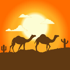 Ramadan kareem illustration. Camels going through the desert on beautiful sunset. Vector illustration