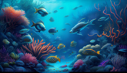 Naklejka na ściany i meble Underwater coral reef full of fish in nature, generative ai