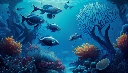 Fototapeta na wymiar Underwater coral reef full of fish in nature, generative ai