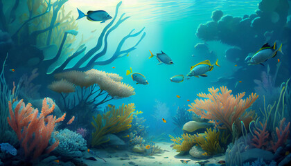 Naklejka na ściany i meble Underwater coral reef full of fish in nature, generative ai