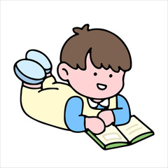 A cute boy character, reading a book, studying and doing homework, isolated on a background, for a back-to-school concept.