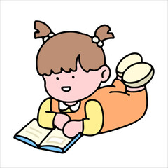 A cute girl character, reading a book, studying and doing homework, isolated on a background, for a back-to-school concept.