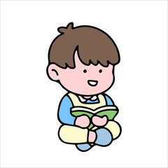 A cute boy character, reading a book, studying and doing homework, isolated on a background, for a back-to-school concept.