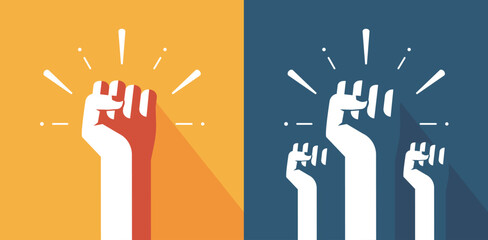 Fists hands up power pump icon old retro vector graphics illustration, strong crowd people protest revolution, rebel union win, solidarity rights fight poster, courage team, riot raised clenched palm - obrazy, fototapety, plakaty