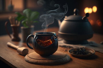 Fototapeta premium steaming hot tea on wooden table Generative AI