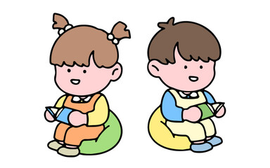 A cute kid character, reading a book, studying and doing homework, isolated on a background, for a back-to-school concept.