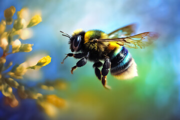 Fototapeta premium Bumblebee flying flying to flower. generative ai
