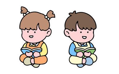 A cute kid character, reading a book, studying and doing homework, isolated on a background, for a back-to-school concept.