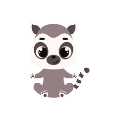 Cute little sitting lemur. Cartoon animal character for kids cards, baby shower, invitation, poster, t-shirt composition, house interior. Vector stock illustration