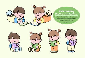 Kids reading vector collection. A set of cute kid characters isolated on a background, perfect for back to school concept.