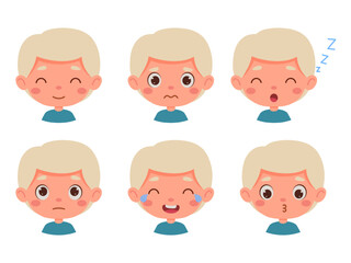 Cute cartoon little kid blond boy in various expressions and gesture. Cartoon child character showing different emotions. Vector illustration