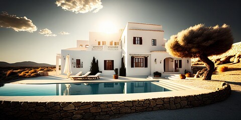 Einzigartige schöne Architektur mit weißen modernen Haus und Pool, ai generativ