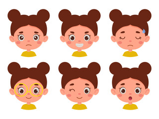 Cute cartoon little kid girl in various expressions and gesture. Cartoon child character showing different emotions. Vector illustration