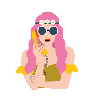 Hippie beautiful girl in retro sunglasses with hair band and phone in her hands. 70s retro groovy concept. Woman portrait. print for t-shirt, card, poster, flyer. Retro vibes