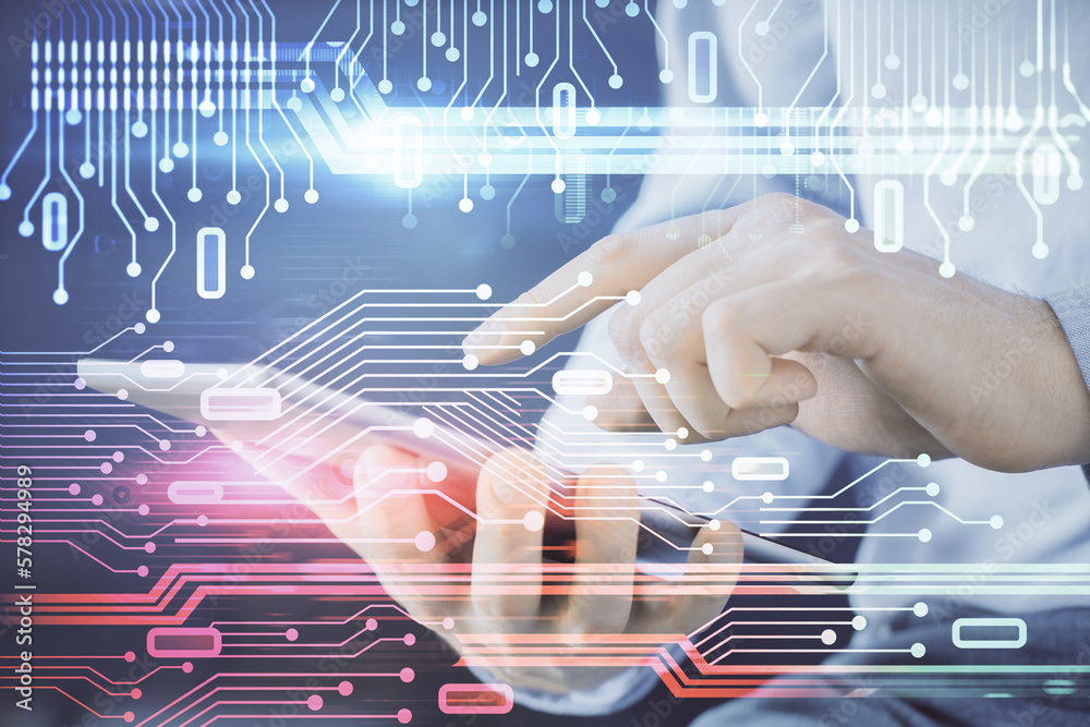 Poster Multi exposure of man's hand holding and using a digital device and data theme drawing. Innovation concept.