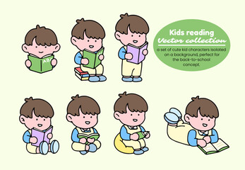 Kids reading vector collection. A set of cute kid characters isolated on a background, perfect for back to school concept.