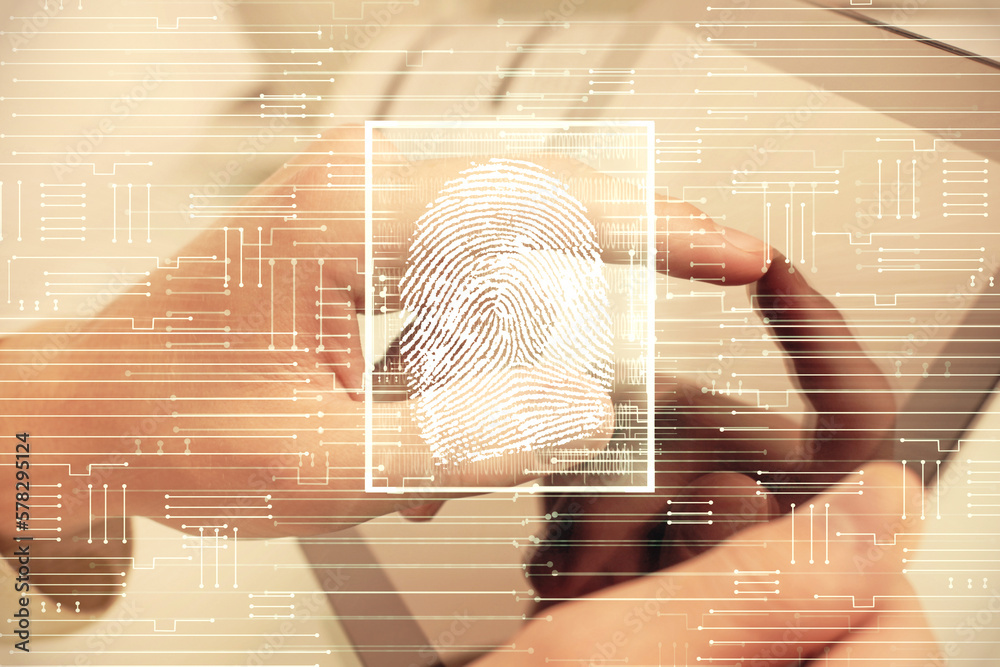 Poster Double exposure of man's hands holding and using a digital device and fingerprint hologram drawing. Security concept.