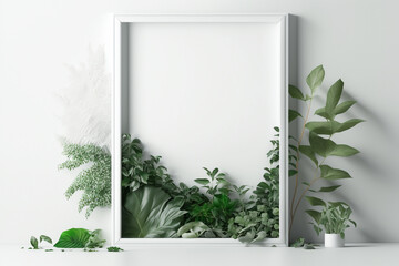 empty vertical frame mockup with green leaves  on white wall background Generative AI