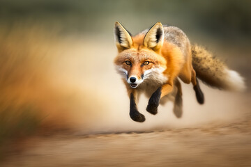 A fast running fox through the forest, blurred background and copy space. Generative ai