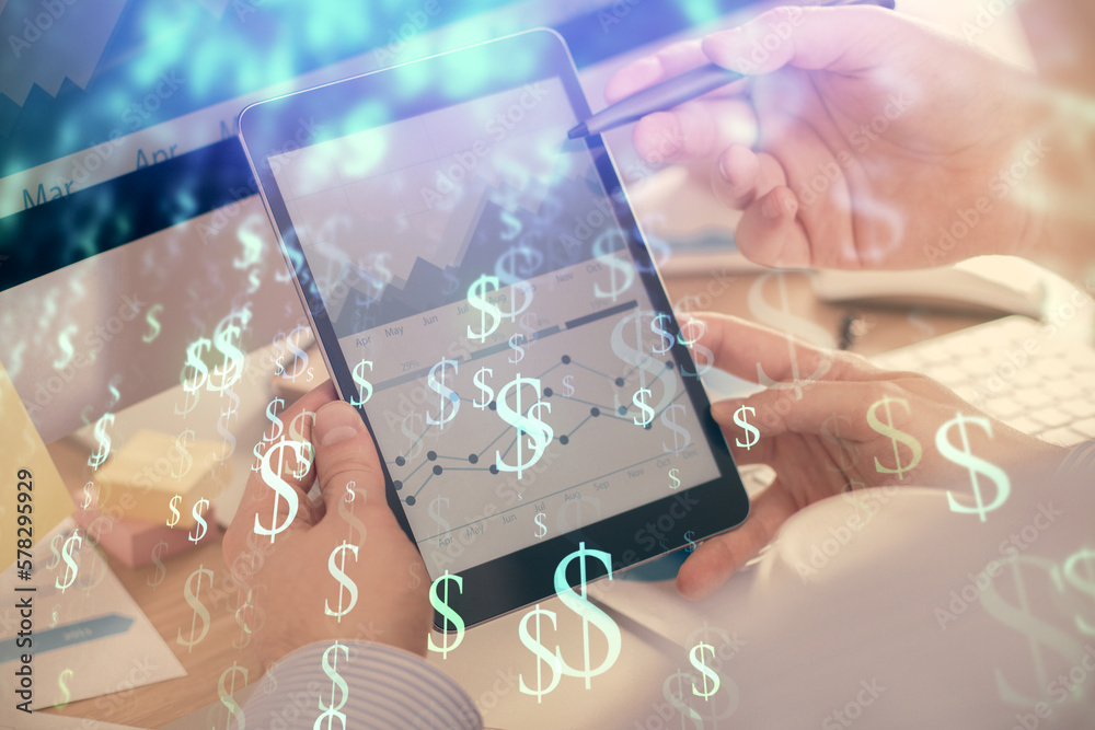 Poster double exposure of man's hands holding and using a phone and financial chart drawing. market analysi