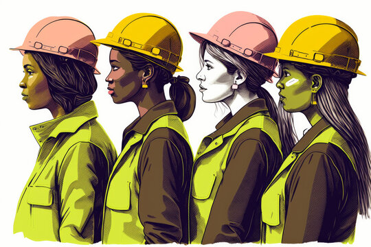 A group of diverse female construction workers, sketch style illustration. Generative ai